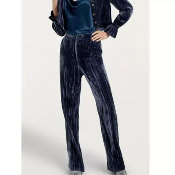 New CINQ A SEPT Collins Relaxed Straight Leg Velvet Pants in Peacock Blue size 8 - Picture 1 of 5